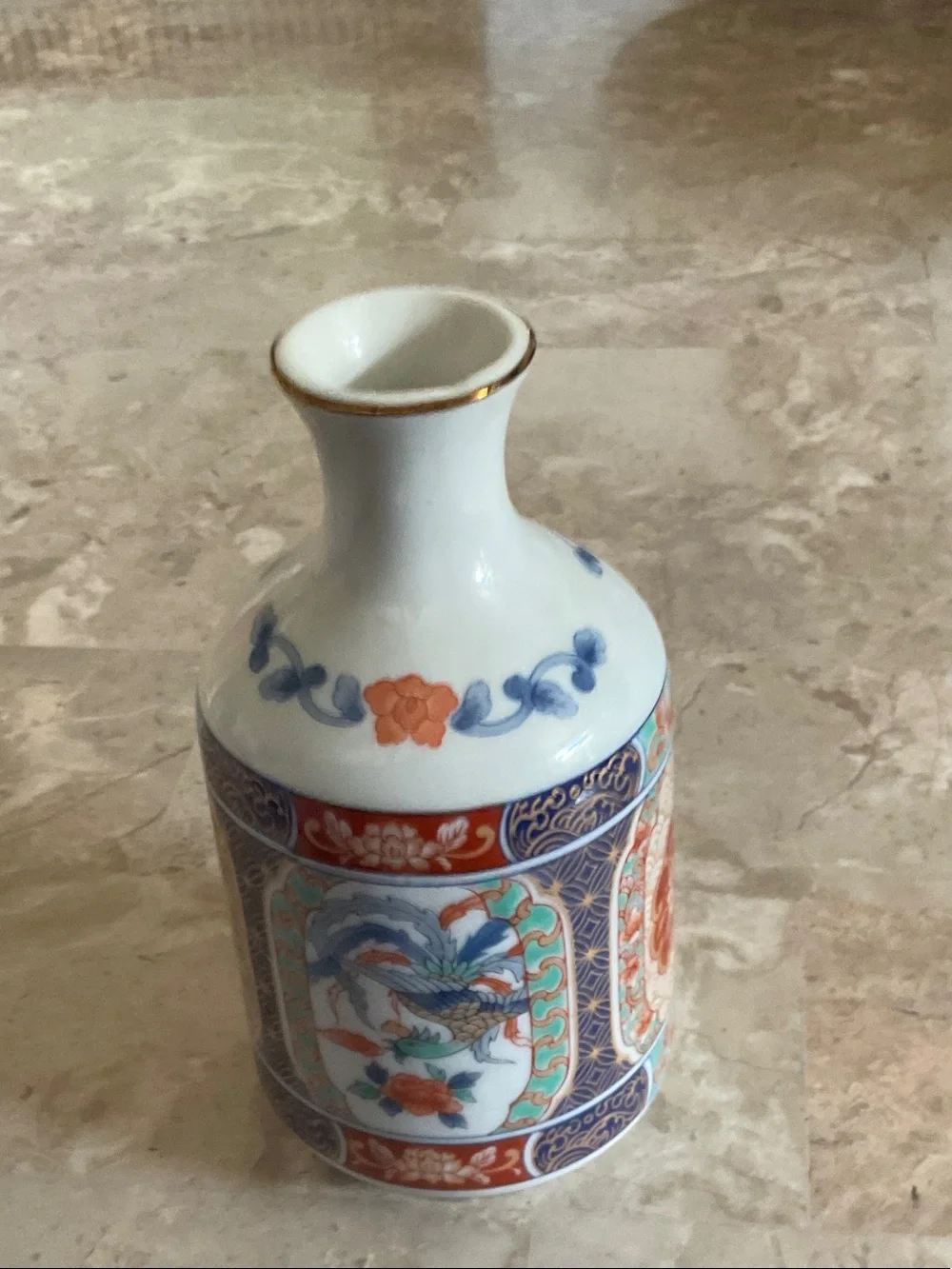Porcelain Floral & Crane Decorative Vase - White, Orange, Blue